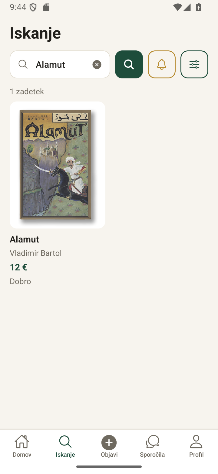 Iskanje knjige Alamut po naslovu in avtorju v aplikaciji ExLibris.
