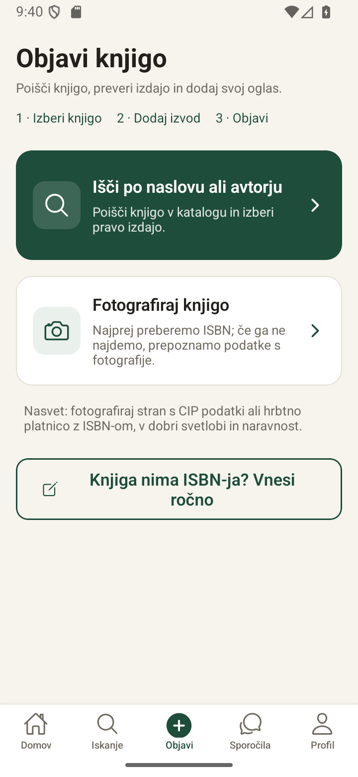 Objava oglasa: iskanje po naslovu ali avtorju, fotografiranje knjige in ročni vnos